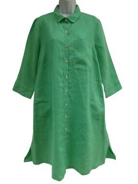 J Jill Love Linen Sheath Shirt Dress Vibrant Kelly Green Full Button Front Slits